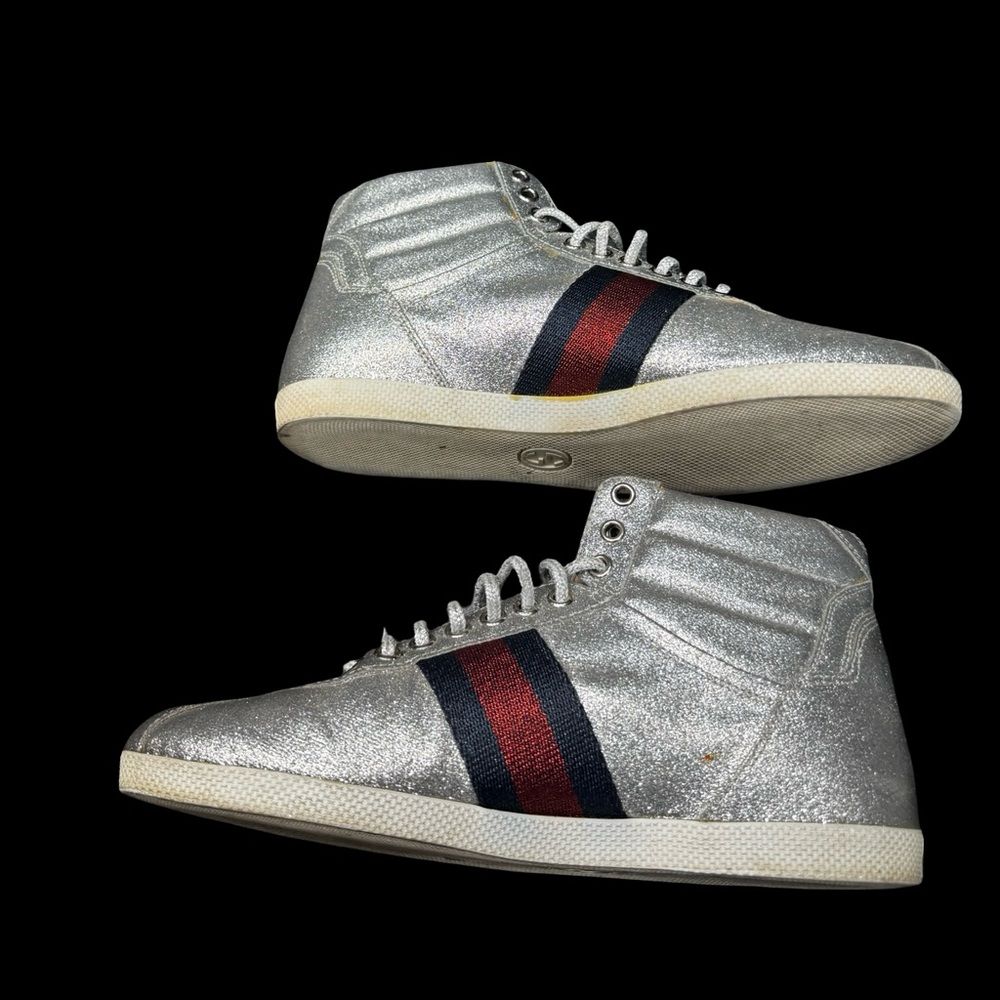 Gucci Bambi Silver Glitter High Top Sneakers EU 38 Italy Designer Stripe Shoes
