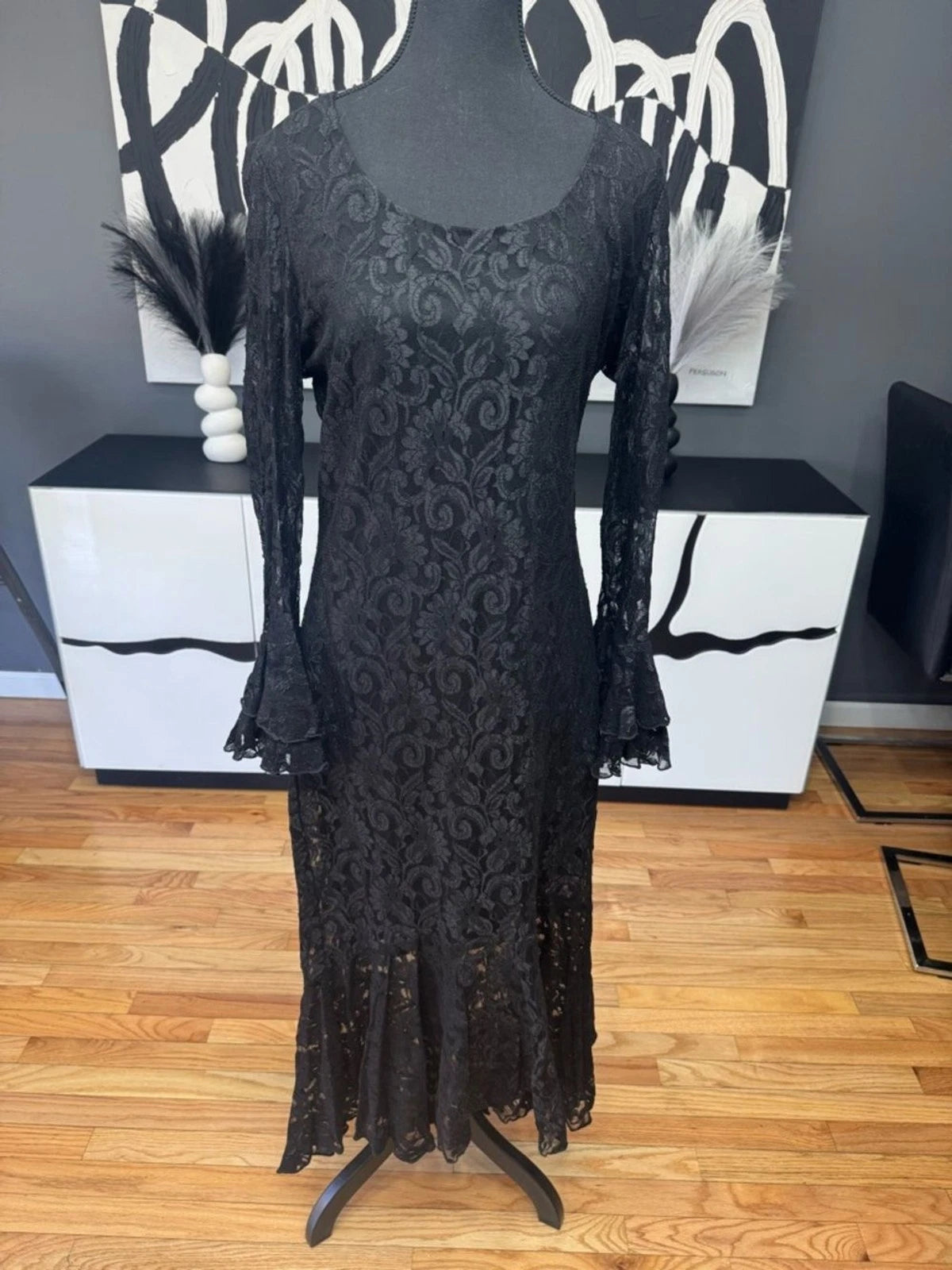 Onyx Nite Black Floral Lace Midi Dress Women's 14 Long Sleeve Cocktail Party