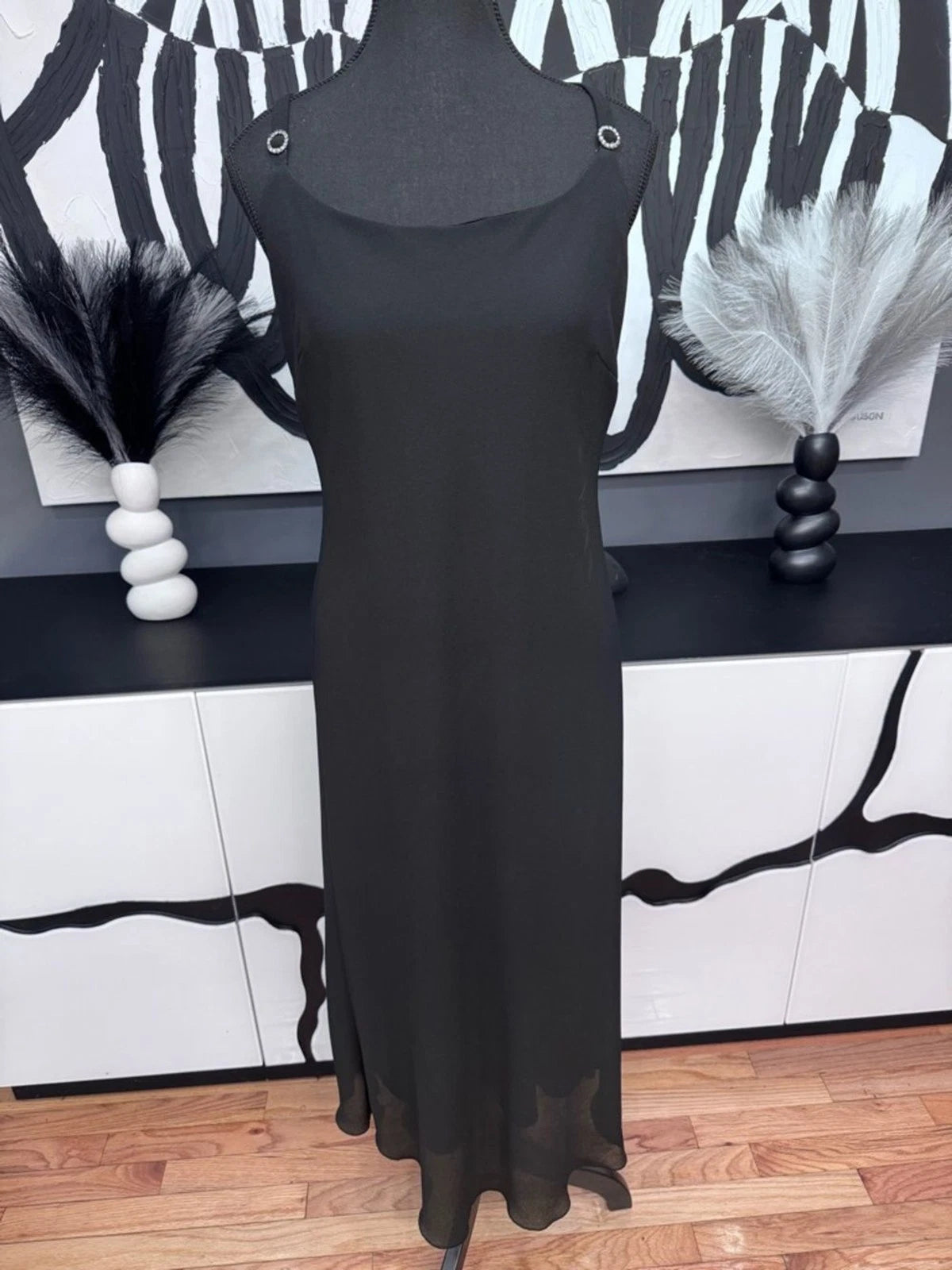 Connected Apparel Black Maxi Dress Rhinestone Straps Women's 12 Formal EUC