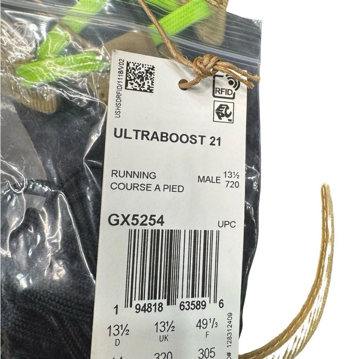 adidas Ultraboost 21 GX5254 Mens 14 Black Beige Signal Green BNIB Laces