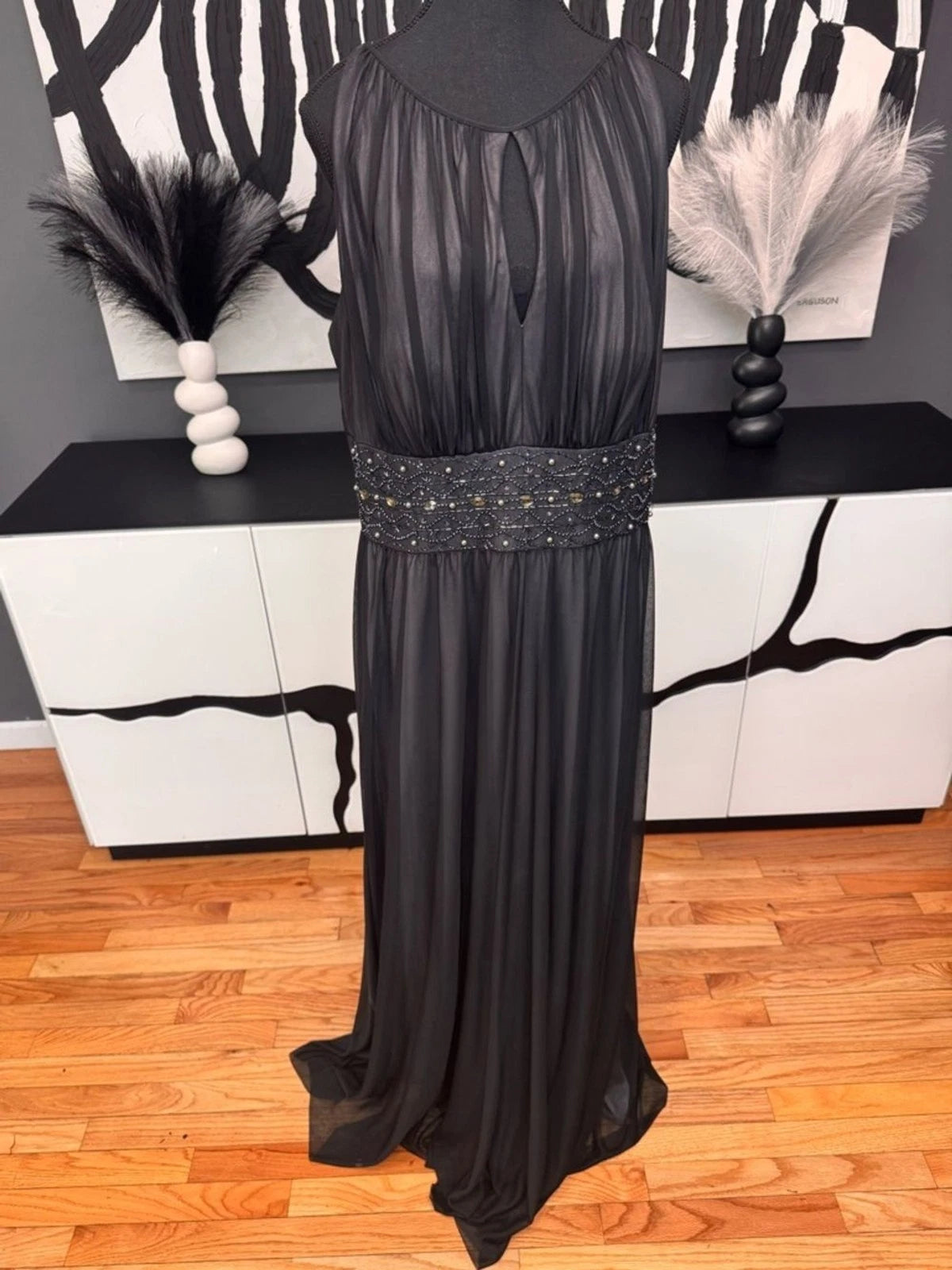 Jessica Howard Black Rhinestone Waist Long Evening Dress Size 16 Sleeveless
