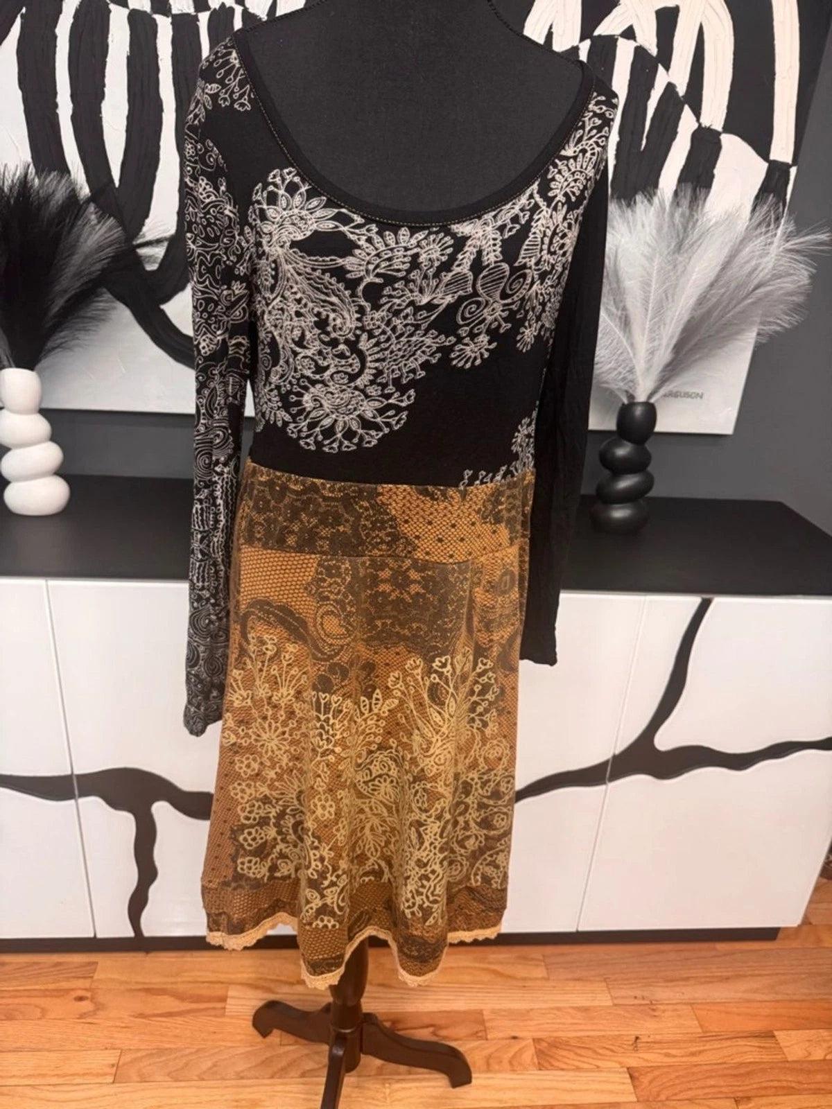 Papillon Blanc Women's Y2K Black Mustard Print Long Sleeve Dress L EUC Cocktail