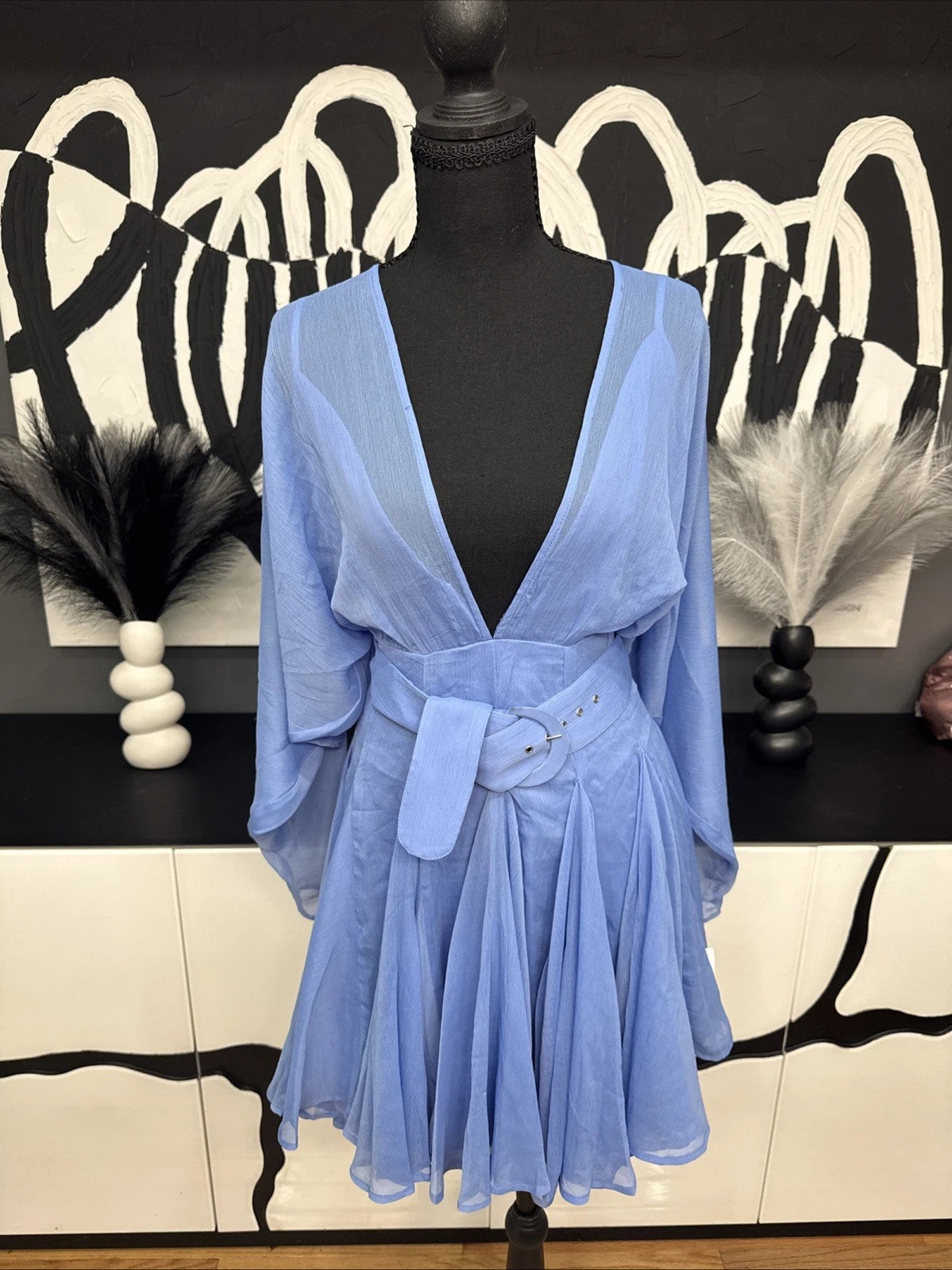 ASOS DESIGN Blue Chiffon Mini Dress, Women's 4, Long Sleeve, Belted (NWT)