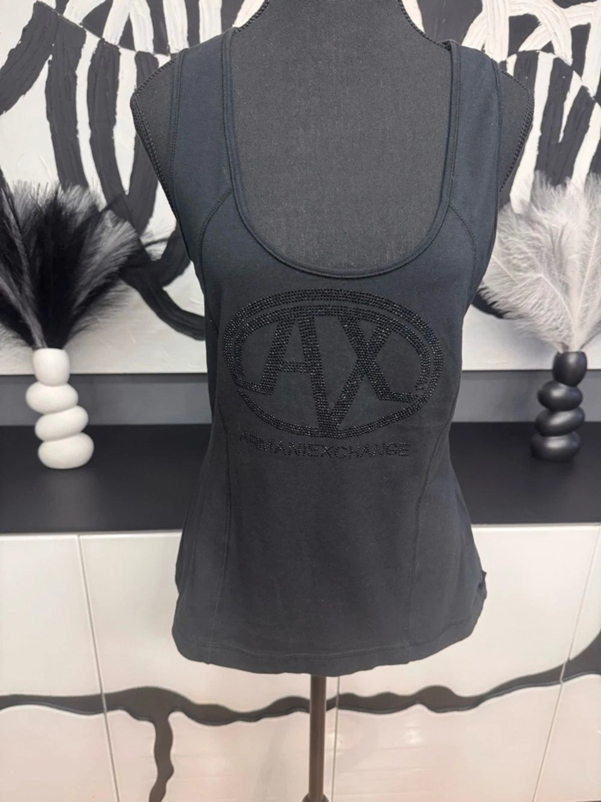 Armani Exchange Black Rhinestone AX Logo Tank Top Womens Large Sleeveless Chic