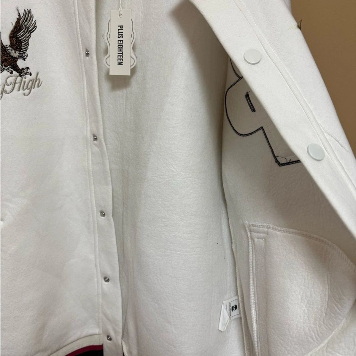 Plus Eighteen Varsity Jacket Men's Large White Black Red Baseball Letterman NWT