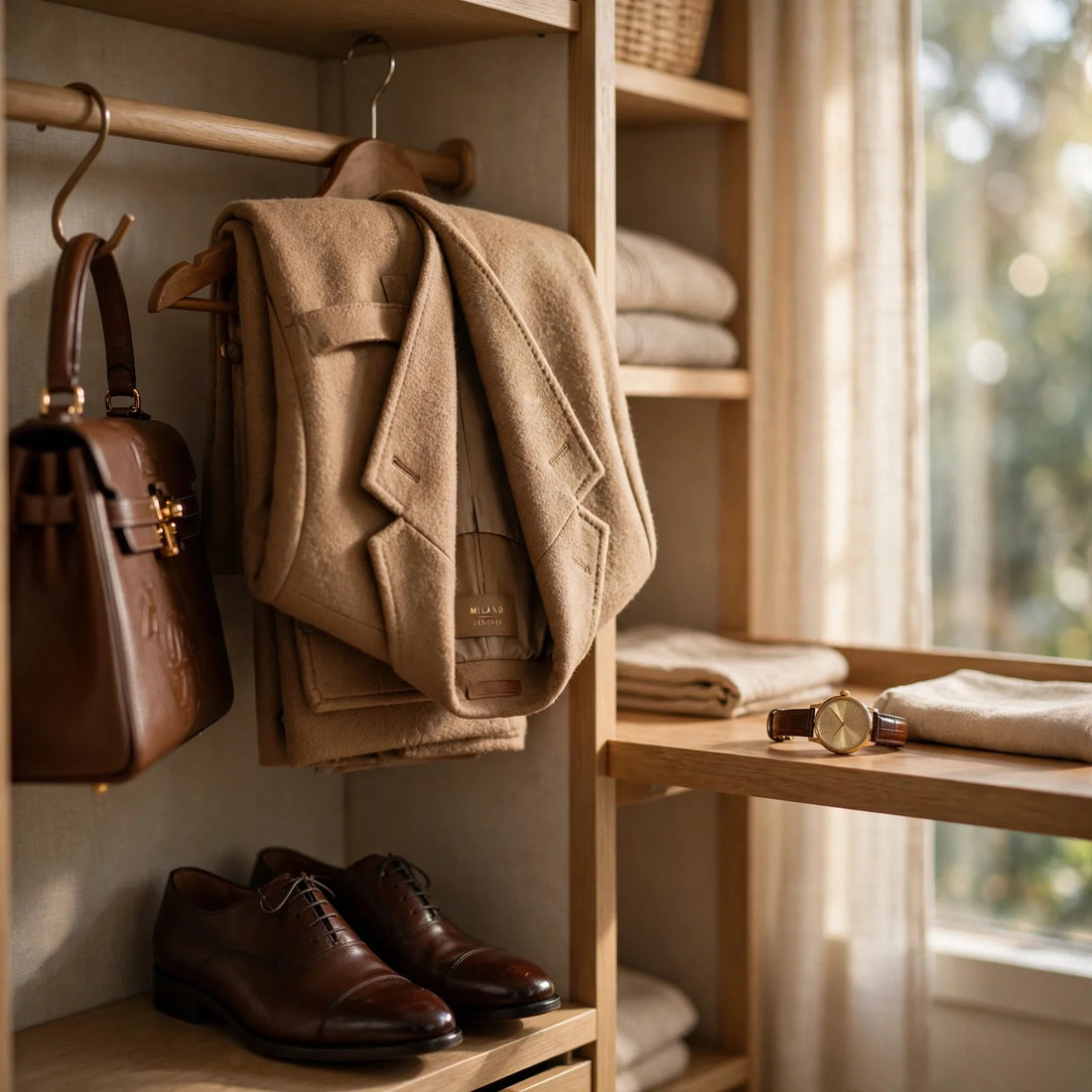 A tidy closet with a leather handbag, wool designer jacket, dress shoes, and a wristwatch in warm window light.