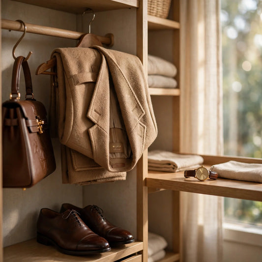 A tidy closet with a leather handbag, wool designer jacket, dress shoes, and a wristwatch in warm window light.
