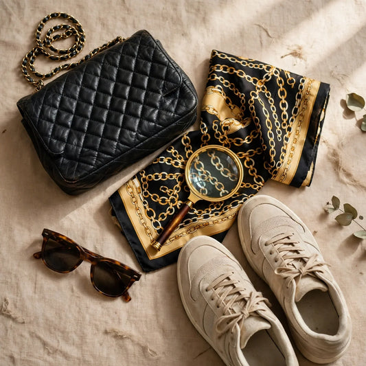 Flat lay of secondhand designer fashion pieces — quilted handbag, silk scarf, sunglasses, and sneakers — with a magnifying glass, suggesting authentication checks