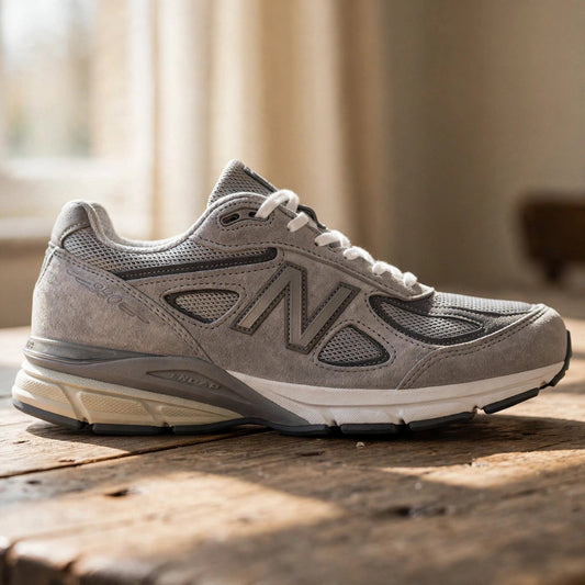 Gray New Balance 990 sneaker in profile on a wooden table in warm window light, showing the gray suede and mesh upper, the classic N logo, and the layered ENCAP midsole.