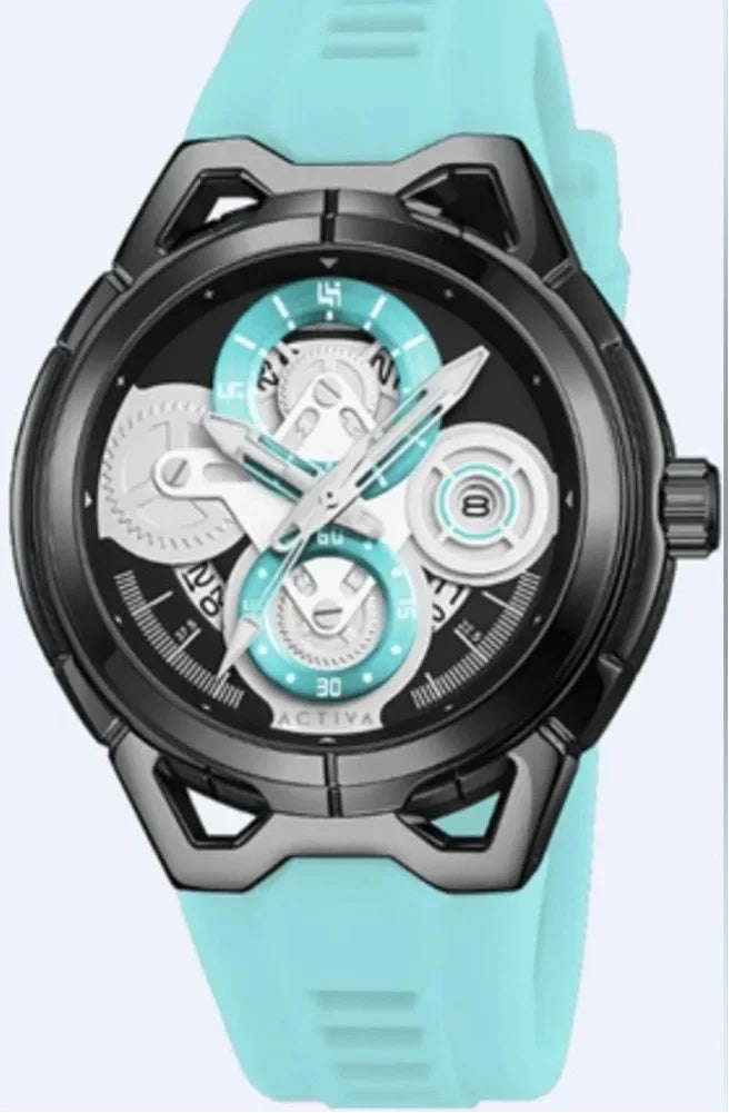 Wristwatch with a turquoise strap and black dial on a light gray background