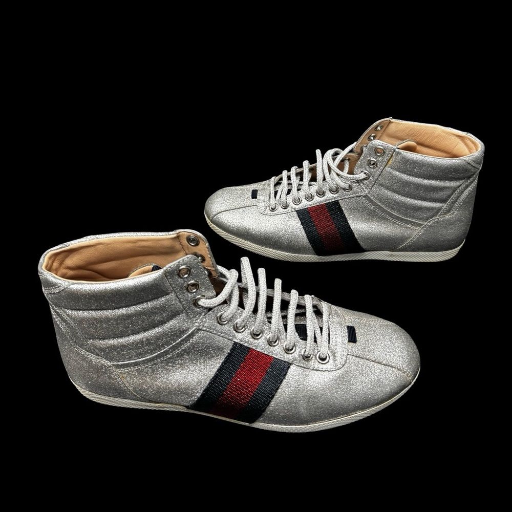 Gucci Bambi Silver Glitter High Top Sneakers EU 38 Italy Designer Stripe Shoes