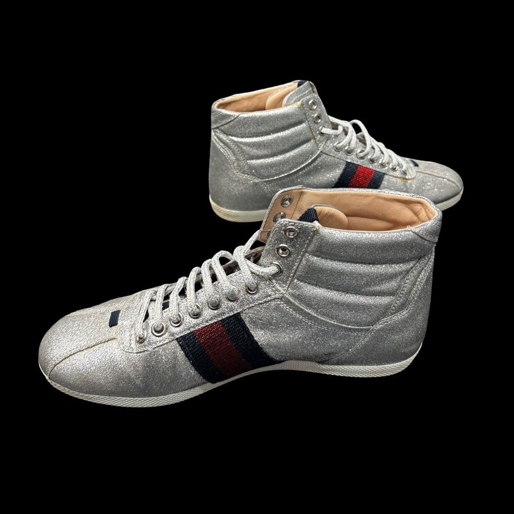Gucci Bambi Silver Glitter High Top Sneakers EU 38 Italy Designer Stripe Shoes