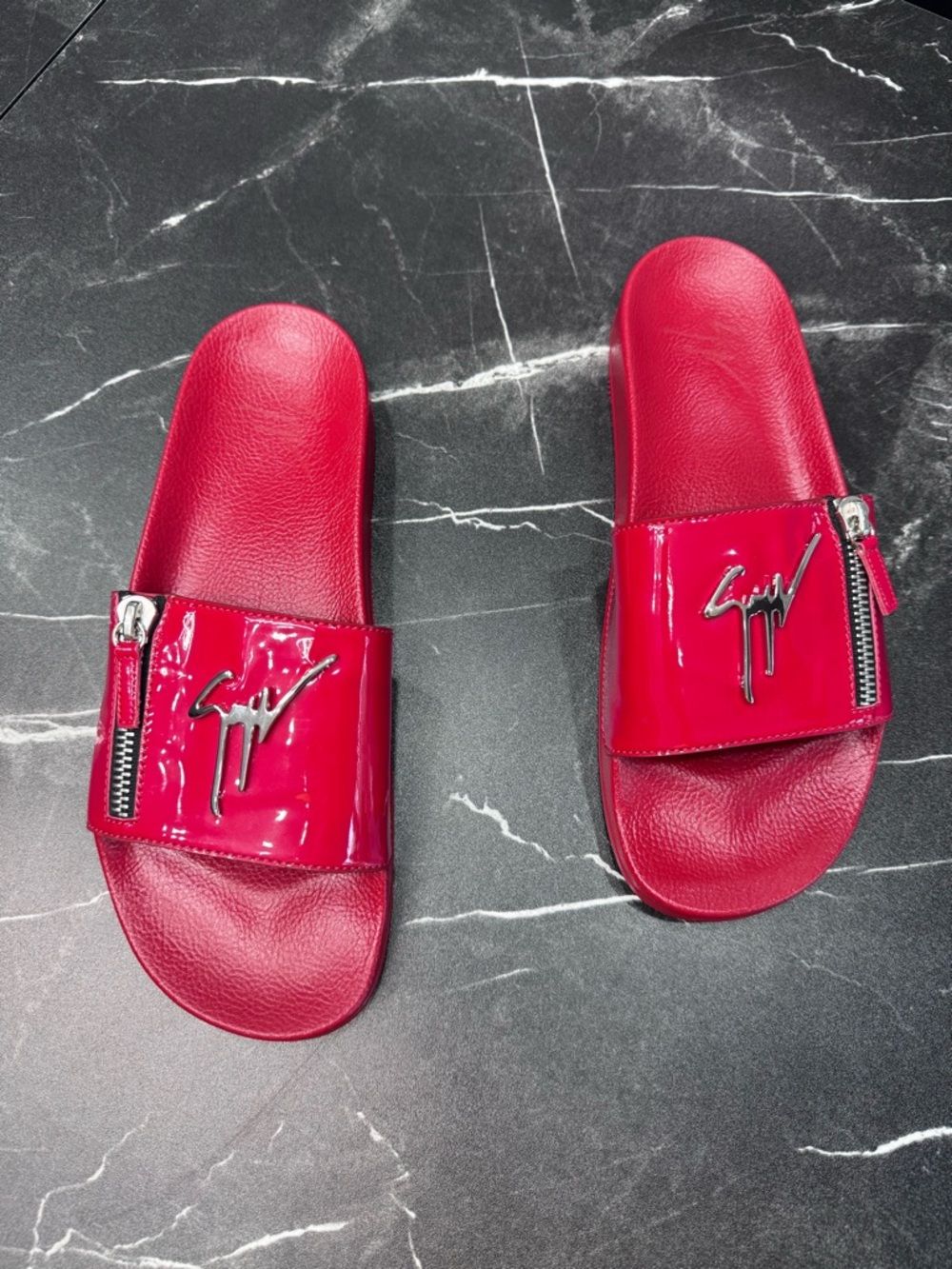 Giuseppe Zanotti Brett Zipp Red Patent Slides Mens 46 US12 Luxury EUC