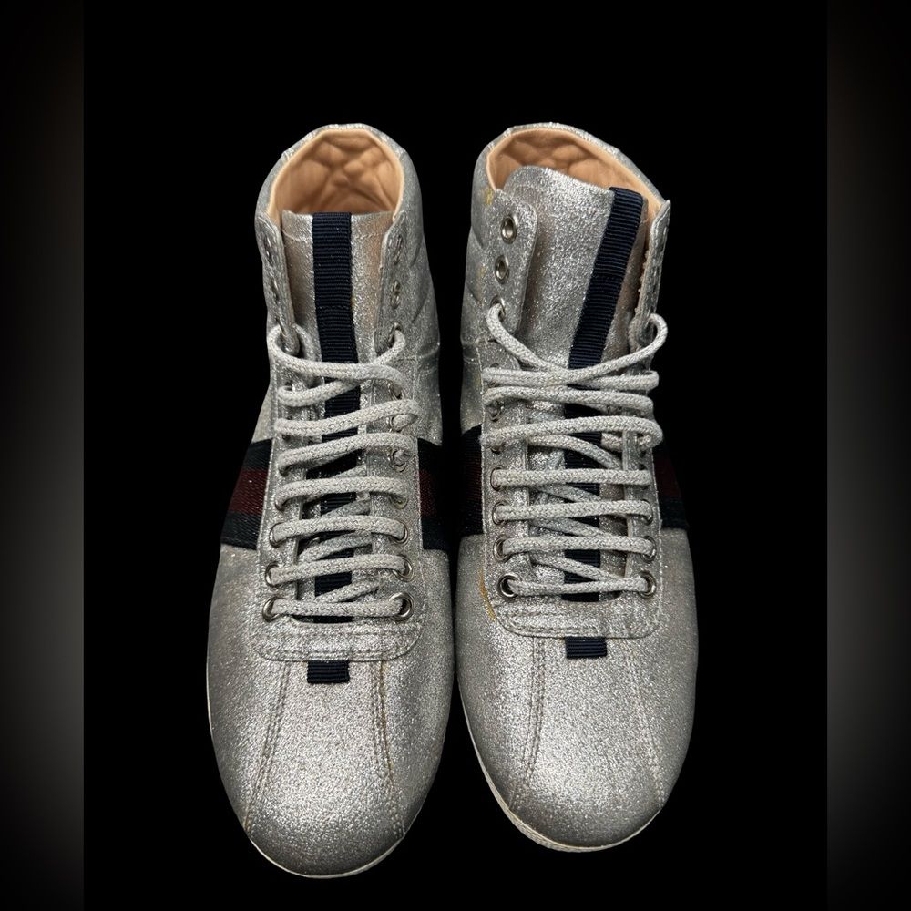 Gucci Bambi Silver Glitter High Top Sneakers EU 38 Italy Designer Stripe Shoes
