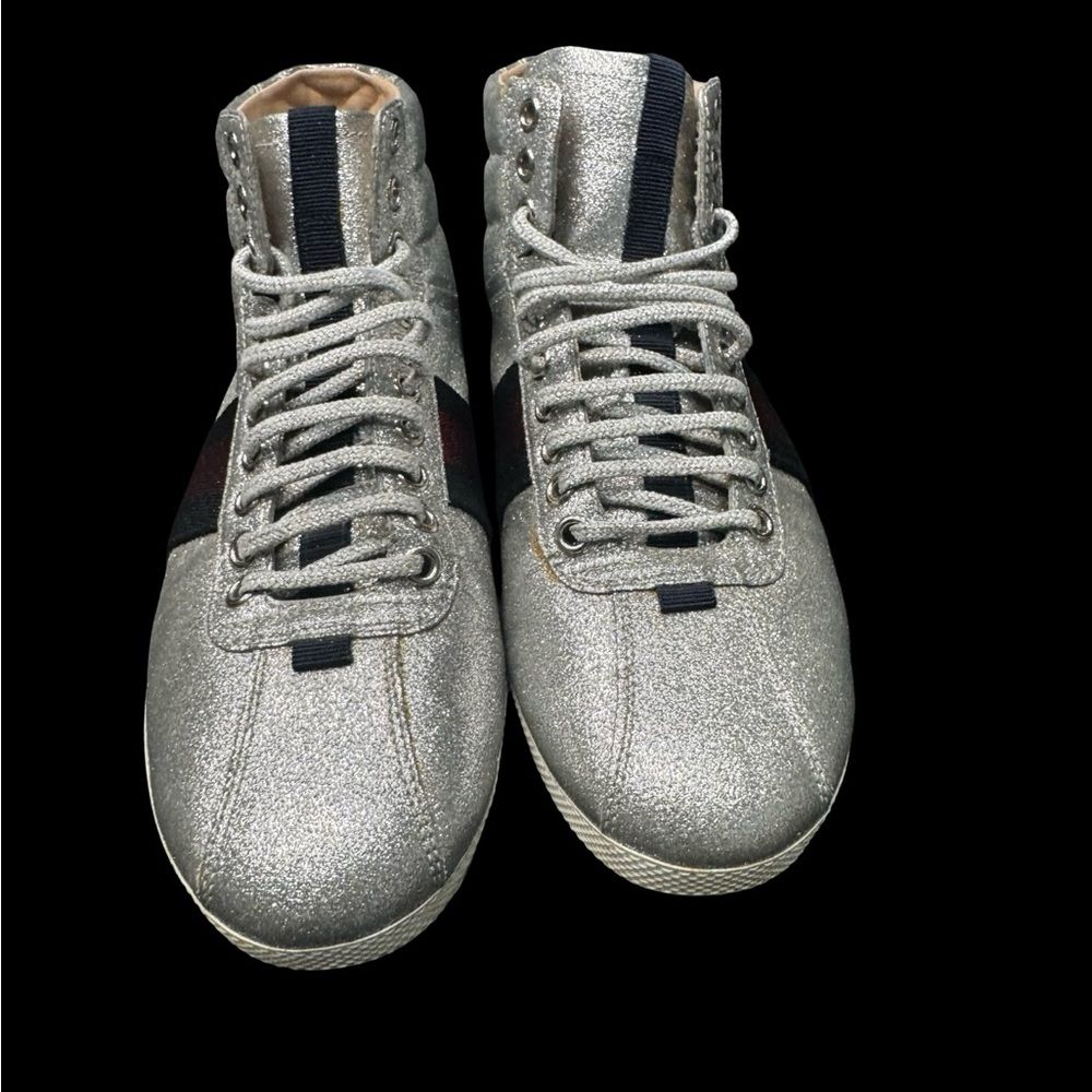 Gucci Bambi Silver Glitter High Top Sneakers EU 38 Italy Designer Stripe Shoes