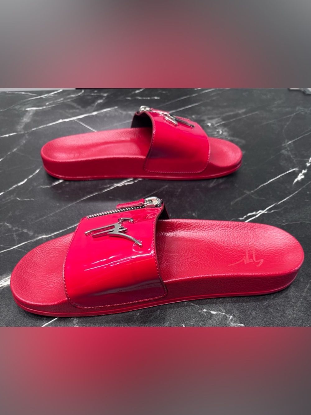 Giuseppe Zanotti Brett Zipp Red Patent Slides Mens 46 US12 Luxury EUC