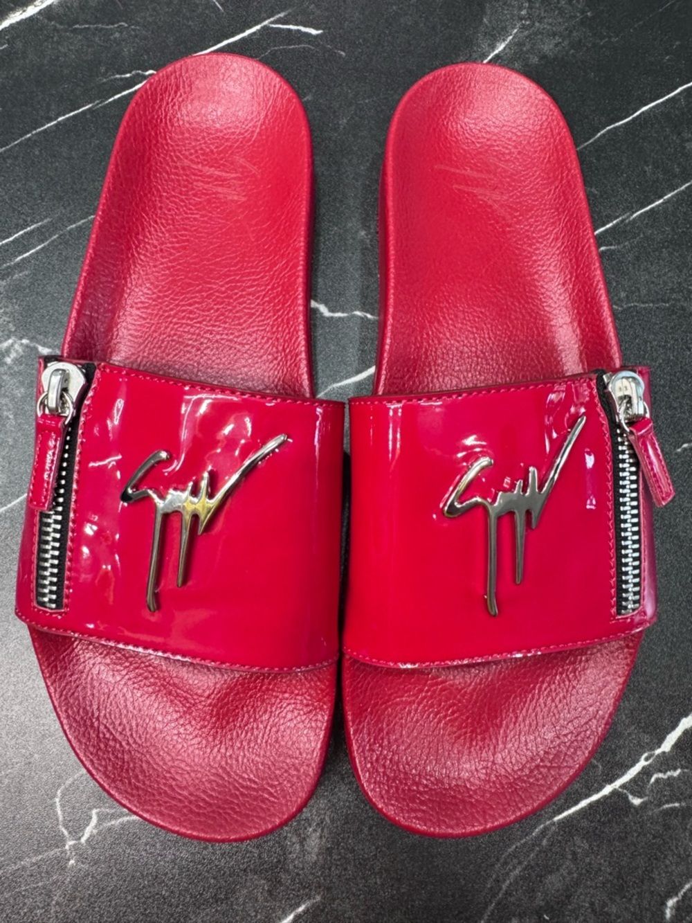 Giuseppe Zanotti Brett Zipp Red Patent Slides Mens 46 US12 Luxury EUC