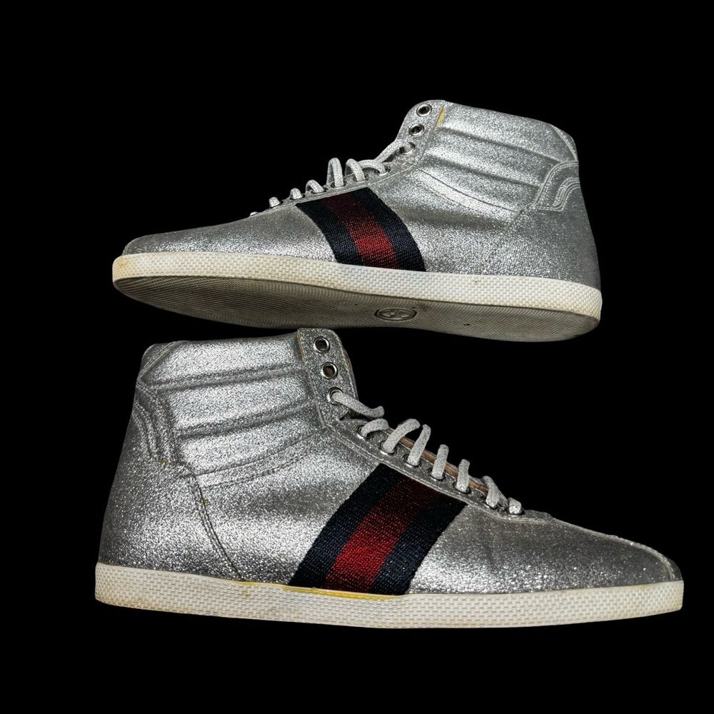Gucci Bambi Silver Glitter High Top Sneakers EU 38 Italy Designer Stripe Shoes