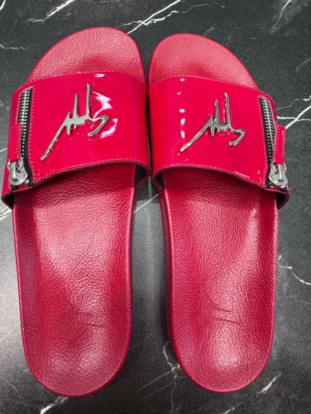 Giuseppe Zanotti Brett Zipp Red Patent Slides Mens 46 US12 Luxury EUC