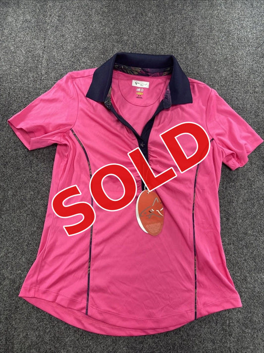 Greg Norman ML75 Play Dry Golf Polo Women Small Bright Pink Navy Ruched NWT