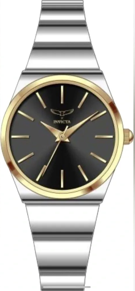 Silver and gold watch with black dial on a white background