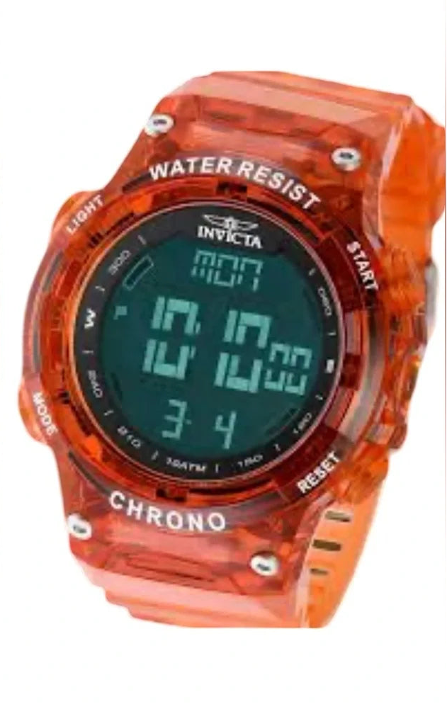 Orange digital watch with clear case on a white background