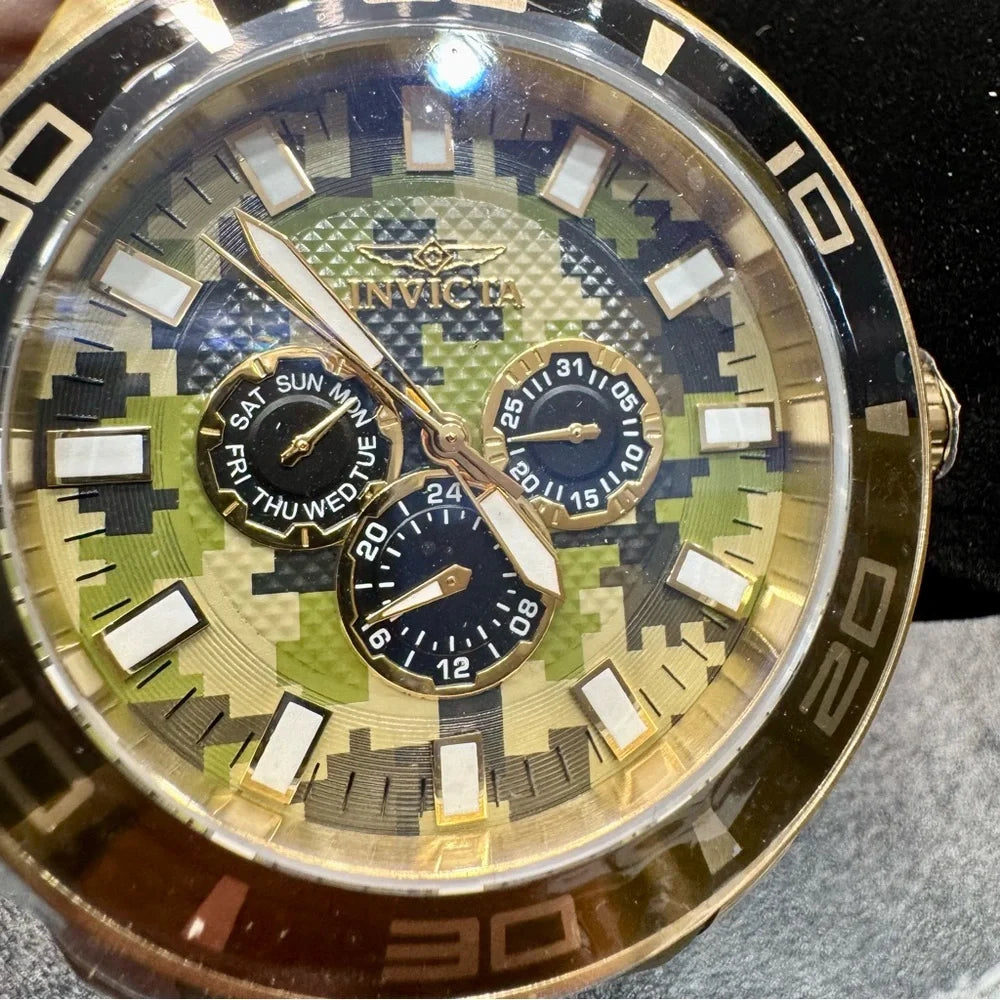 Invicta Pro Diver 46036 Mens Watch 50mm Gold Camo Dial Quartz BNIB Strap