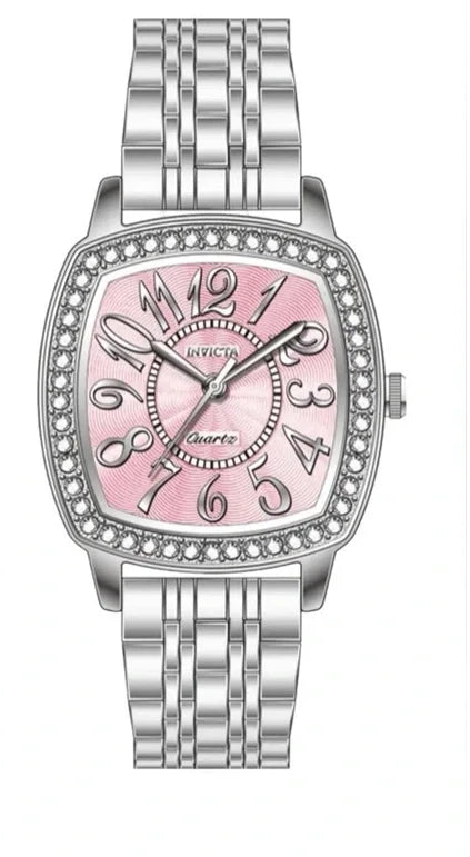 Silver watch with a pink face on a white background