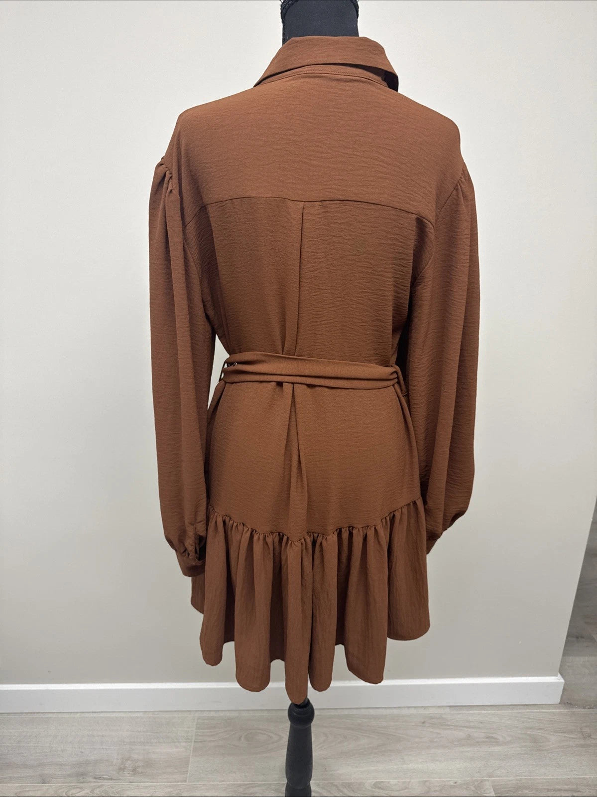 SHEIN Brown Belted Shirt Dress Women’s Medium Long Sleeve Ruffle Hem Boho
