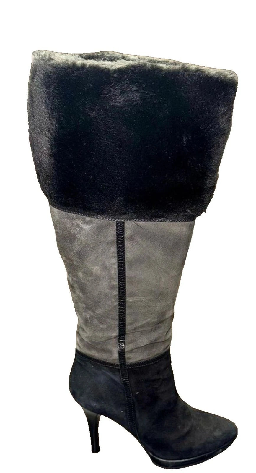 B Makowsky Knee High Platform Boots Women’s 7 Gray Black Leather Side Zip EUC