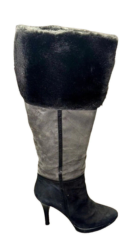 B Makowsky Knee High Platform Boots Women’s 7 Gray Black Leather Side Zip EUC