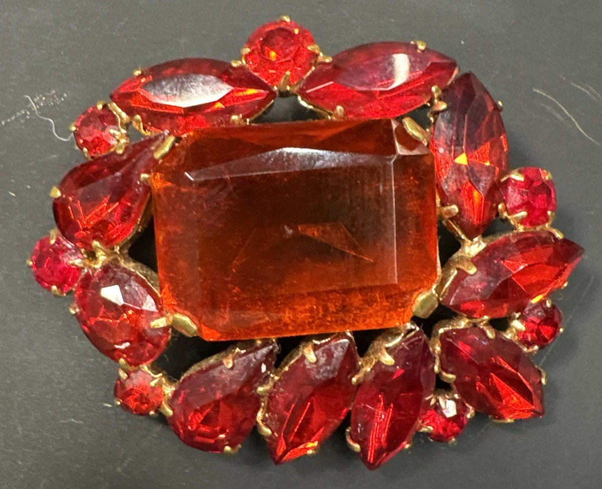 Lot 2 Vintage Czech Glass Brooches Red Amber Yellow Brown Rhinestone Pins
