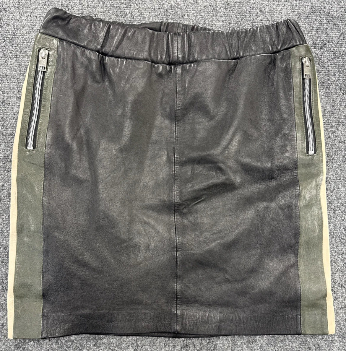 Mauritius Genuine Leather Mini Skirt Womens S Black Olive Tan Colorblock Zip