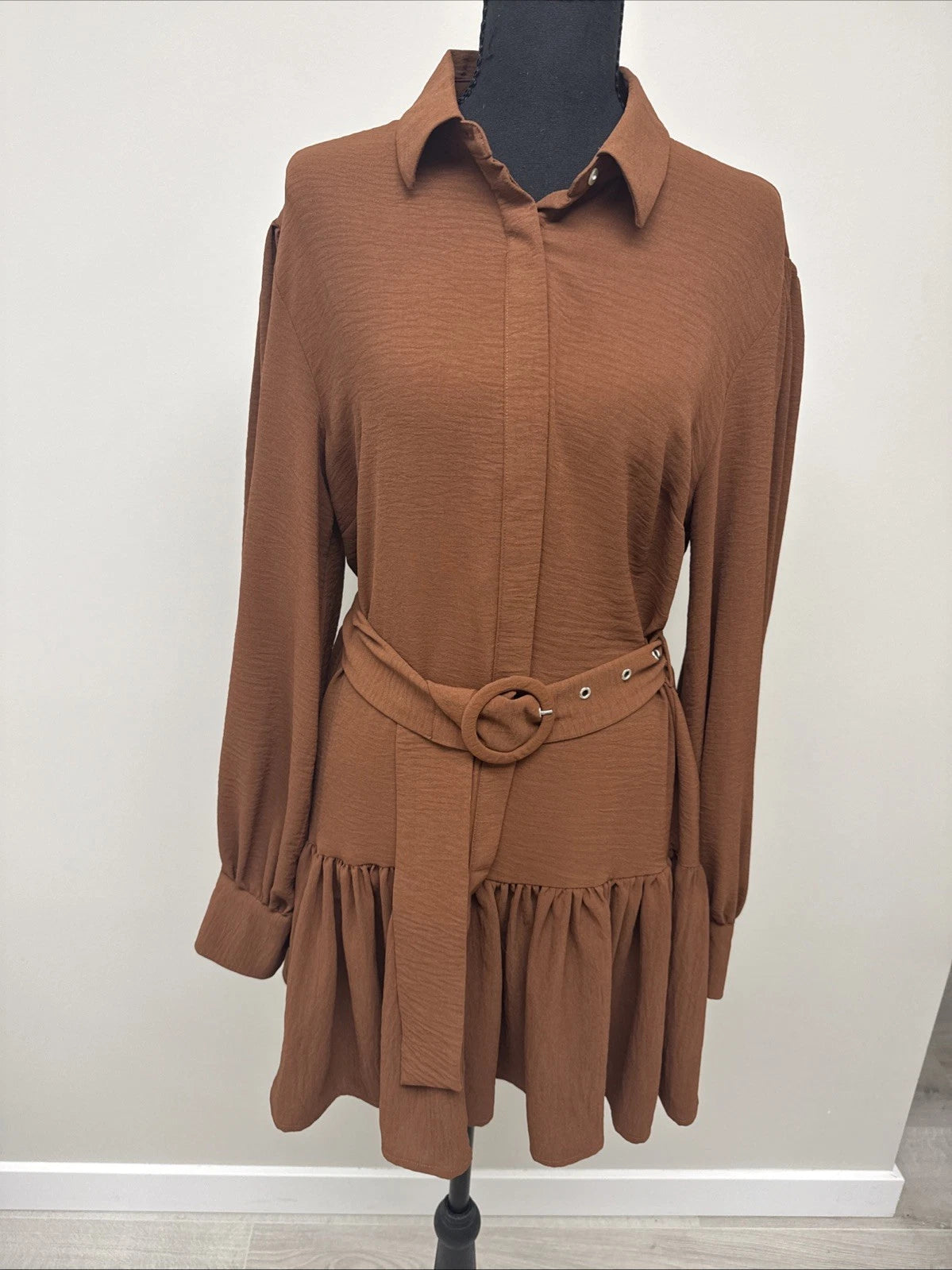 SHEIN Brown Belted Shirt Dress Women’s Medium Long Sleeve Ruffle Hem Boho