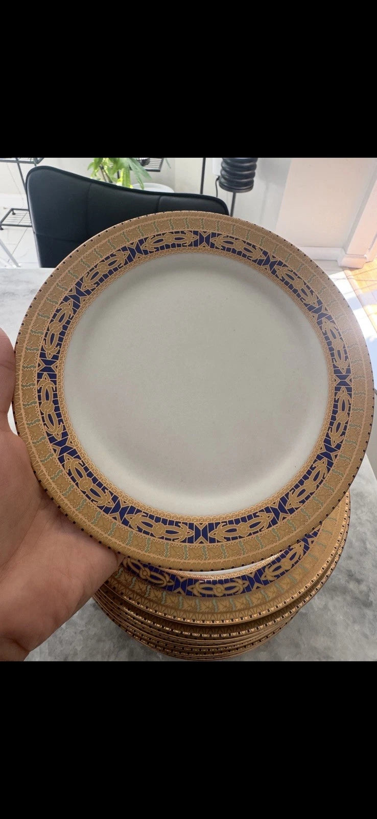 12 Benjarong Style Porcelain Dinner Plates White Blue Gold Trim Tableware