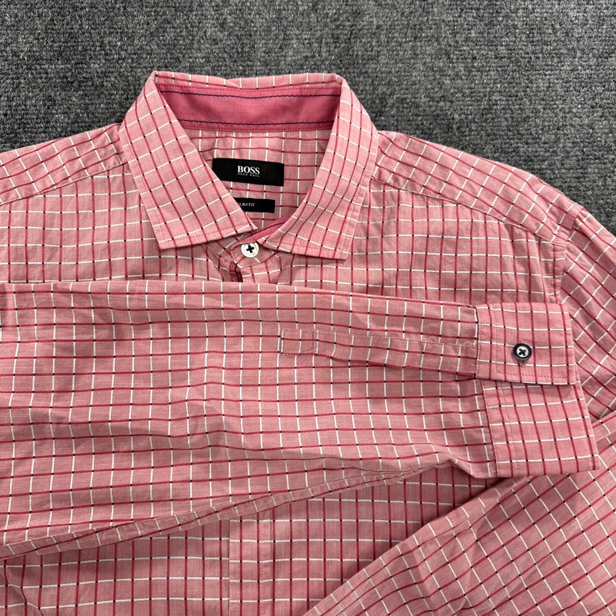 Hugo Boss Slim Fit Dress Shirt Medium Pink Check Button Front Long Sleeve