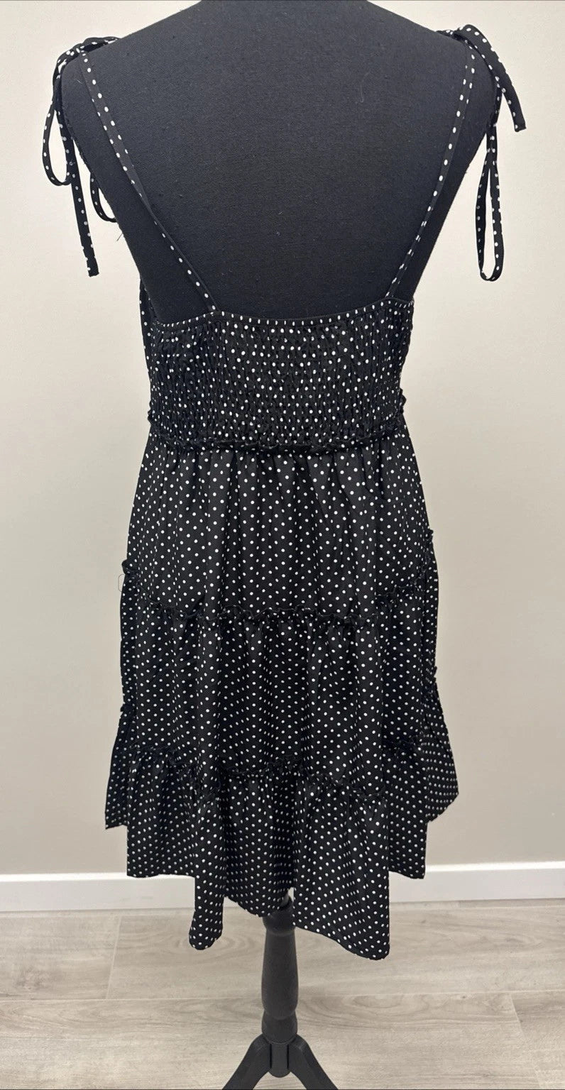 Greath Black White Polka Dot Tiered Midi Dress Women's M Tie Strap Boho