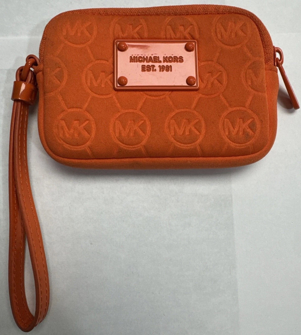 Michael Kors Orange Embossed Logo Neoprene Wristlet Zip Pouch Clutch Wallet