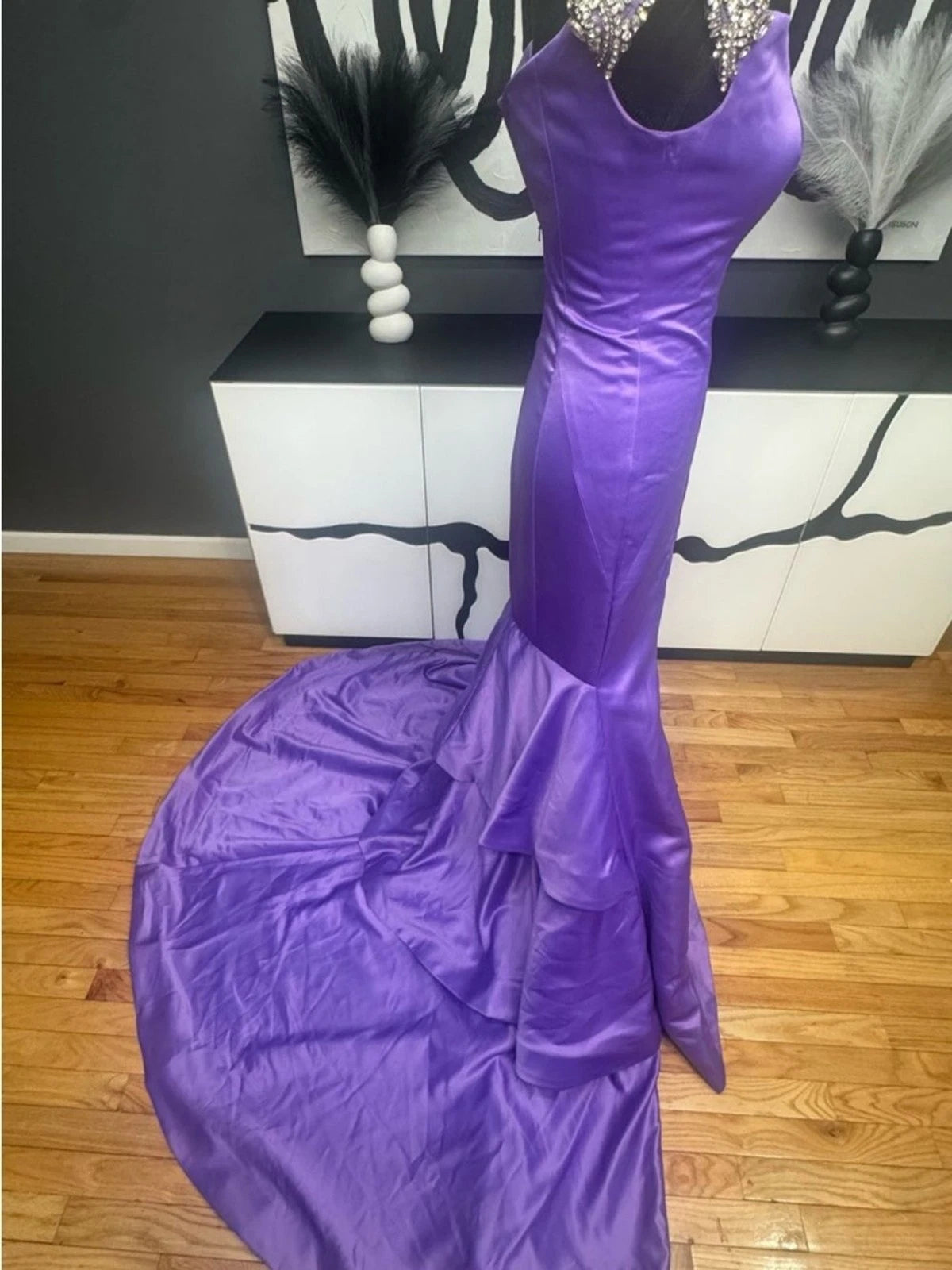 Rachel Allan Purple Satin Mermaid Gown Size 2 Pearl Strap Prom Dress Train