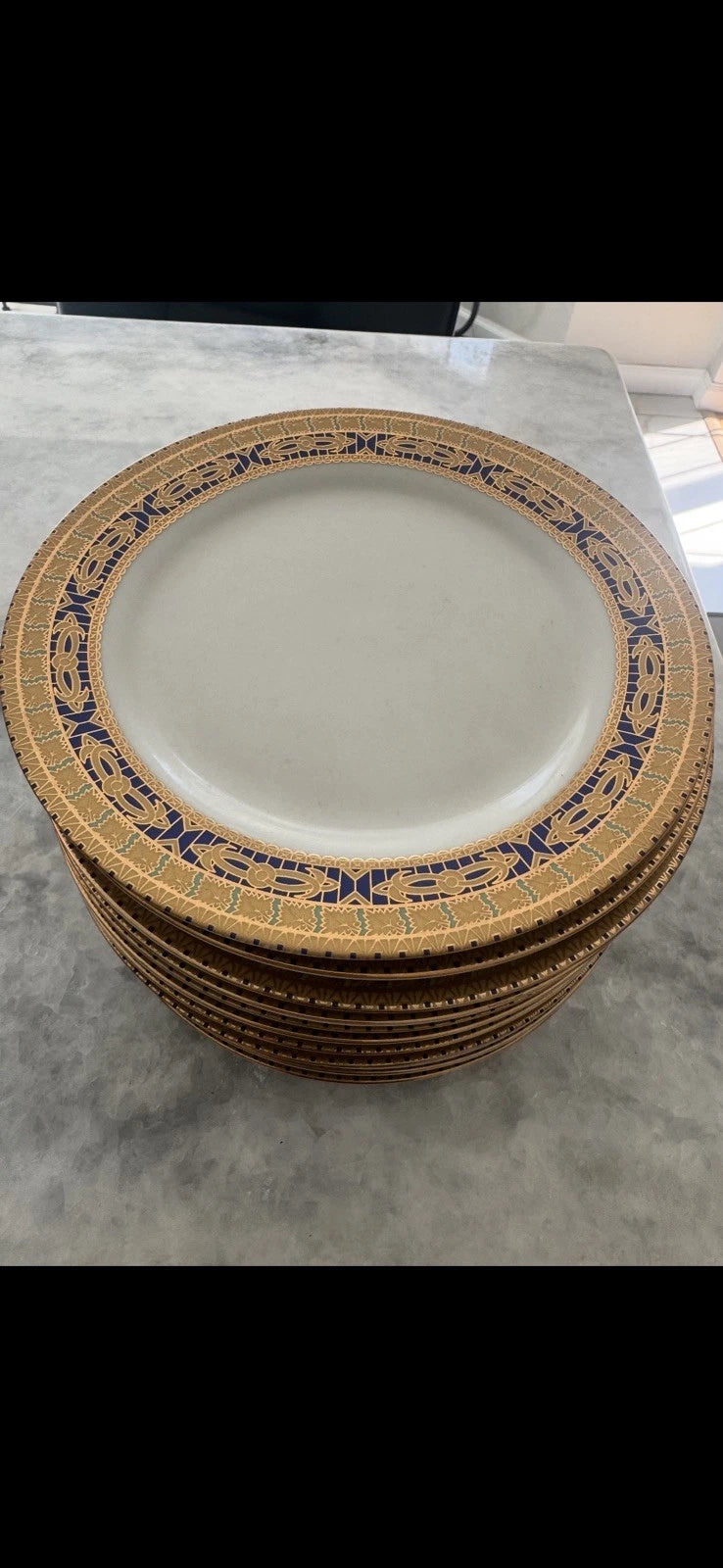 12 Benjarong Style Porcelain Dinner Plates White Blue Gold Trim Tableware