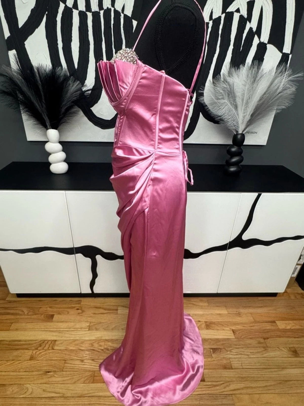 Ladivine Pink Satin Corset Gown Women's 6 Crystal Straps High Slit Formal