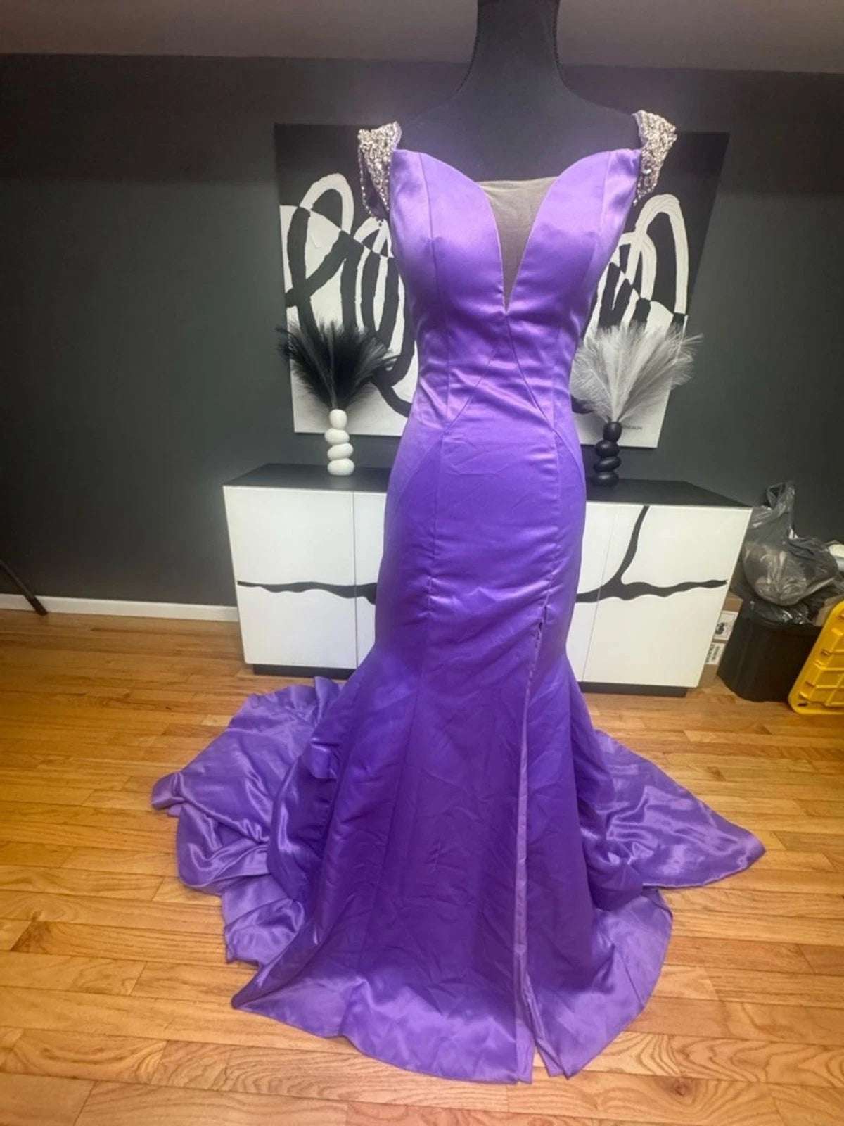 Rachel Allan Purple Satin Mermaid Gown Size 2 Pearl Strap Prom Dress Train