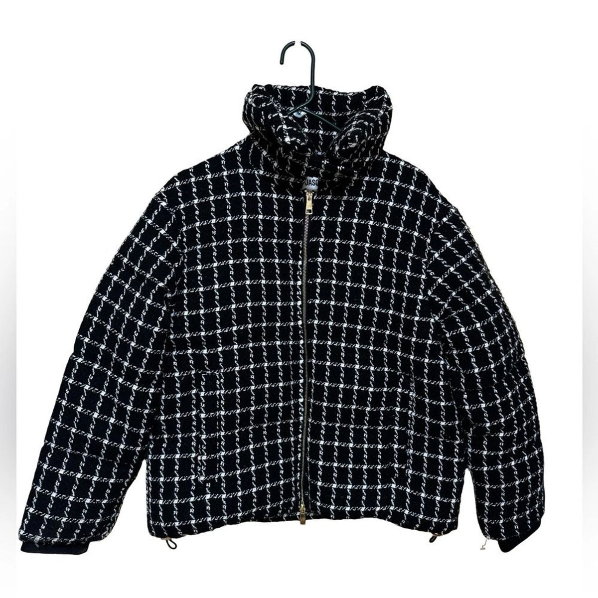 Jason Wu Women’s L Black White Tweed Check Puffer Jacket Gold Zip NWT