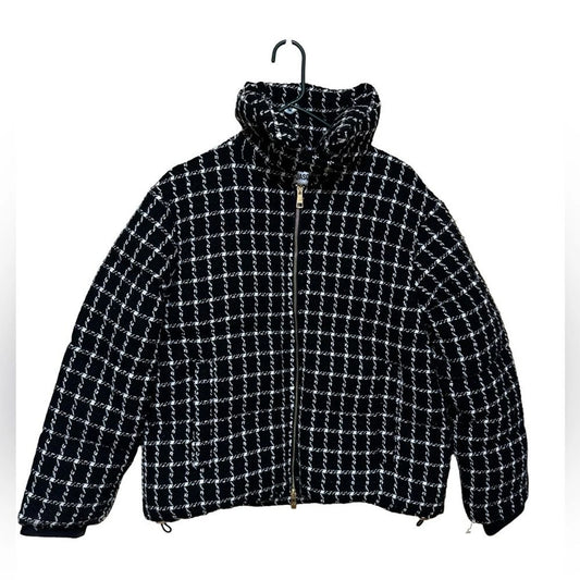 Jason Wu Women’s L Black White Tweed Check Puffer Jacket Gold Zip NWT