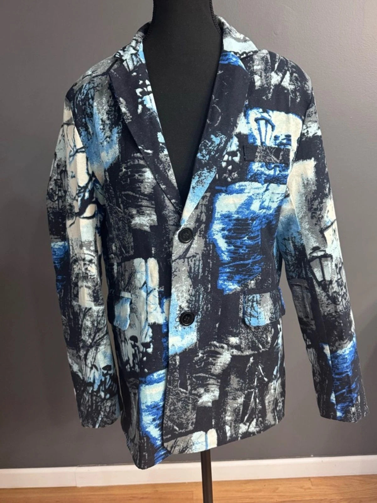 HEYDHSDC Mens M Black Blue Abstract Print Slim Fit Party Blazer Jacket