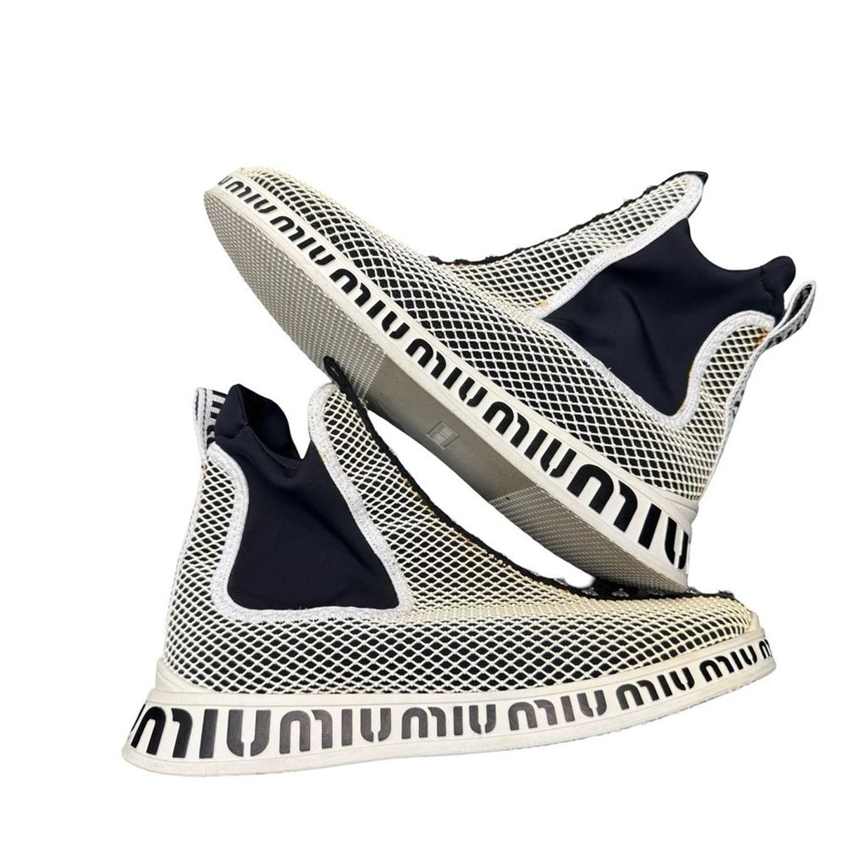 Miu Miu Crystal Mesh Slip-On Sneakers Women’s EU 39 Black White Italy