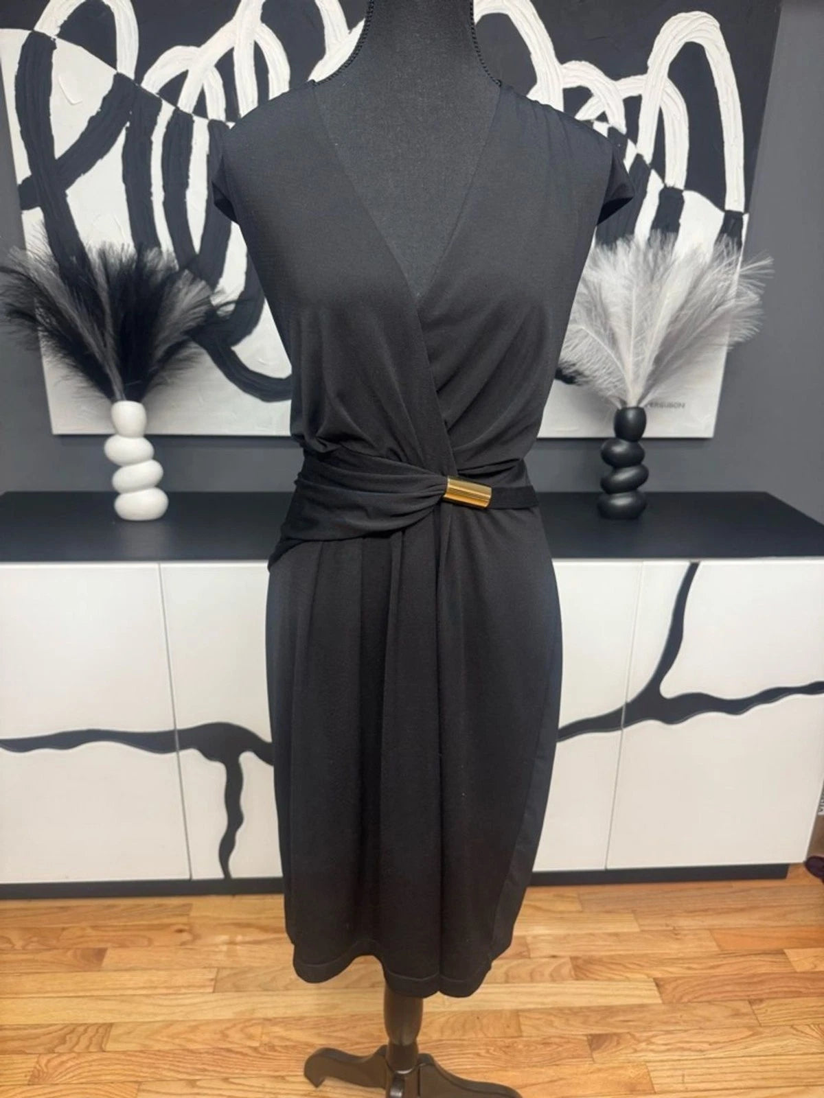 Ellen Tracy Faux Wrap Midi Dress Black Gold Accent Women's 14 Career Elegant