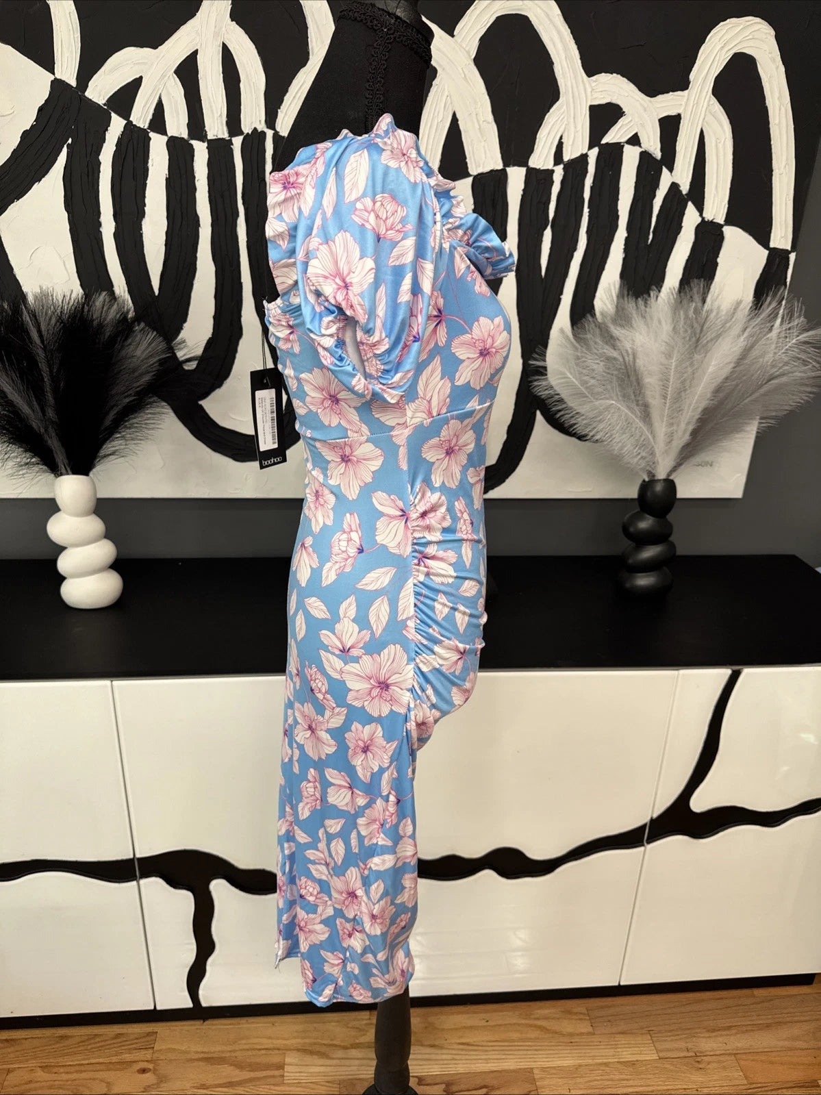 Boohoo Maternity Blue Pink Floral Off Shoulder Ruched Midi Dress Size 8 NWT