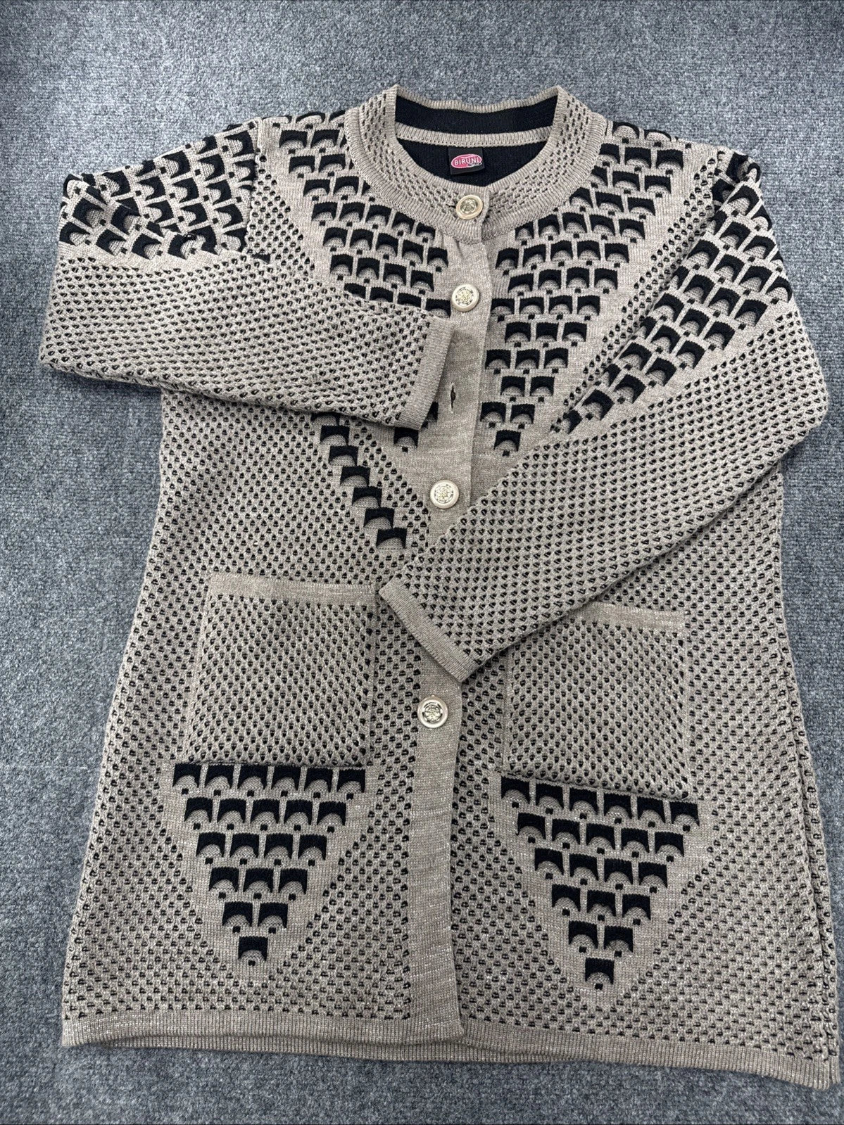 Vintage 90s Biruni Knit Cardigan Women’s M/L Geometric Pockets Turkey