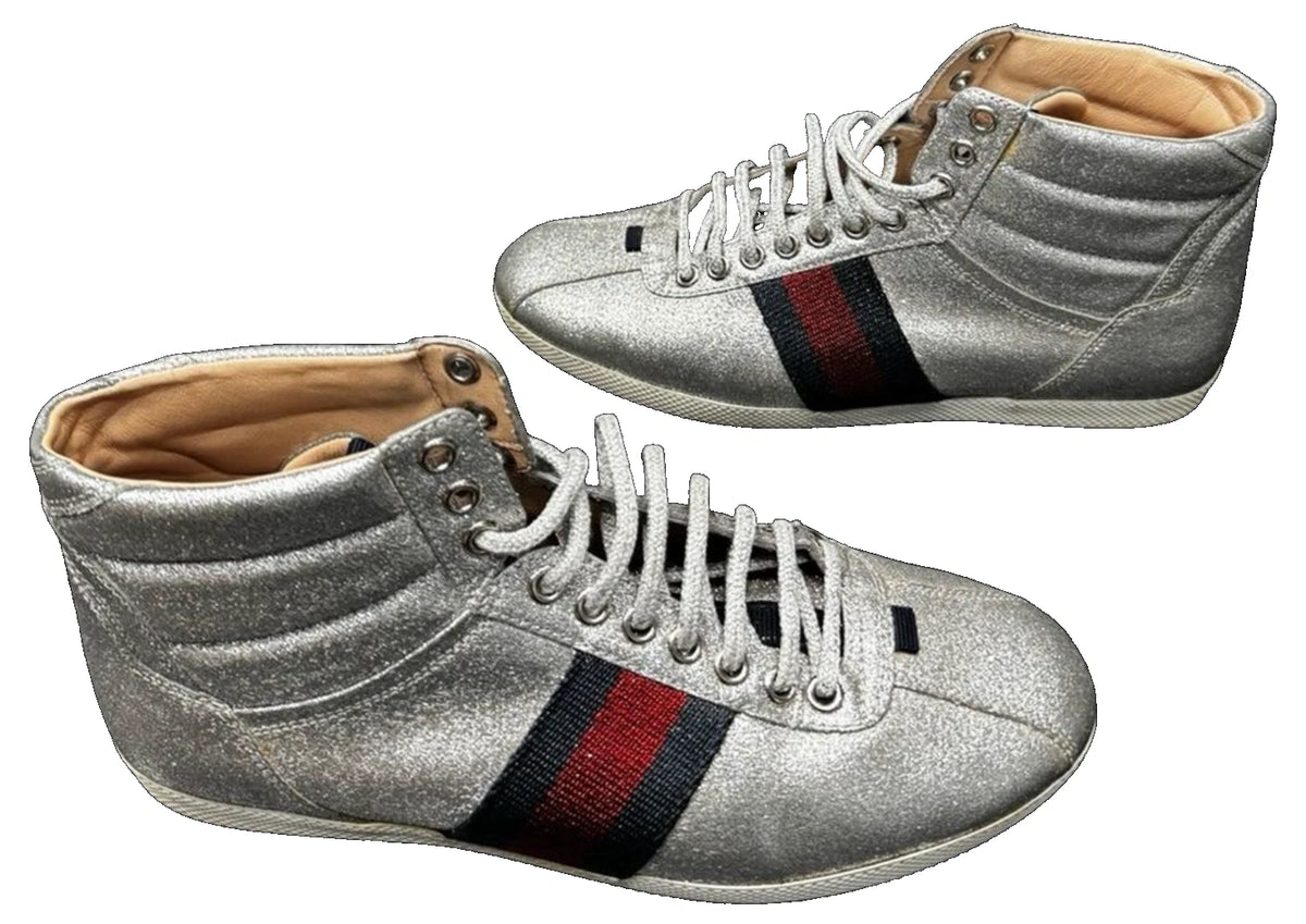 Gucci Glitter Web High Top Sneakers Women EU 38 Silver Designer Shoes Italy